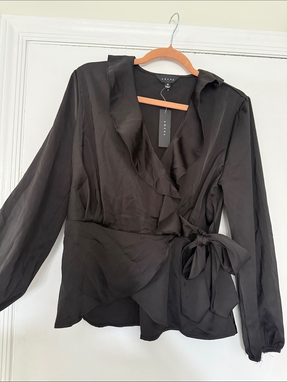 Adiva Black Satin-Look Wrap Blouse with Side Tie